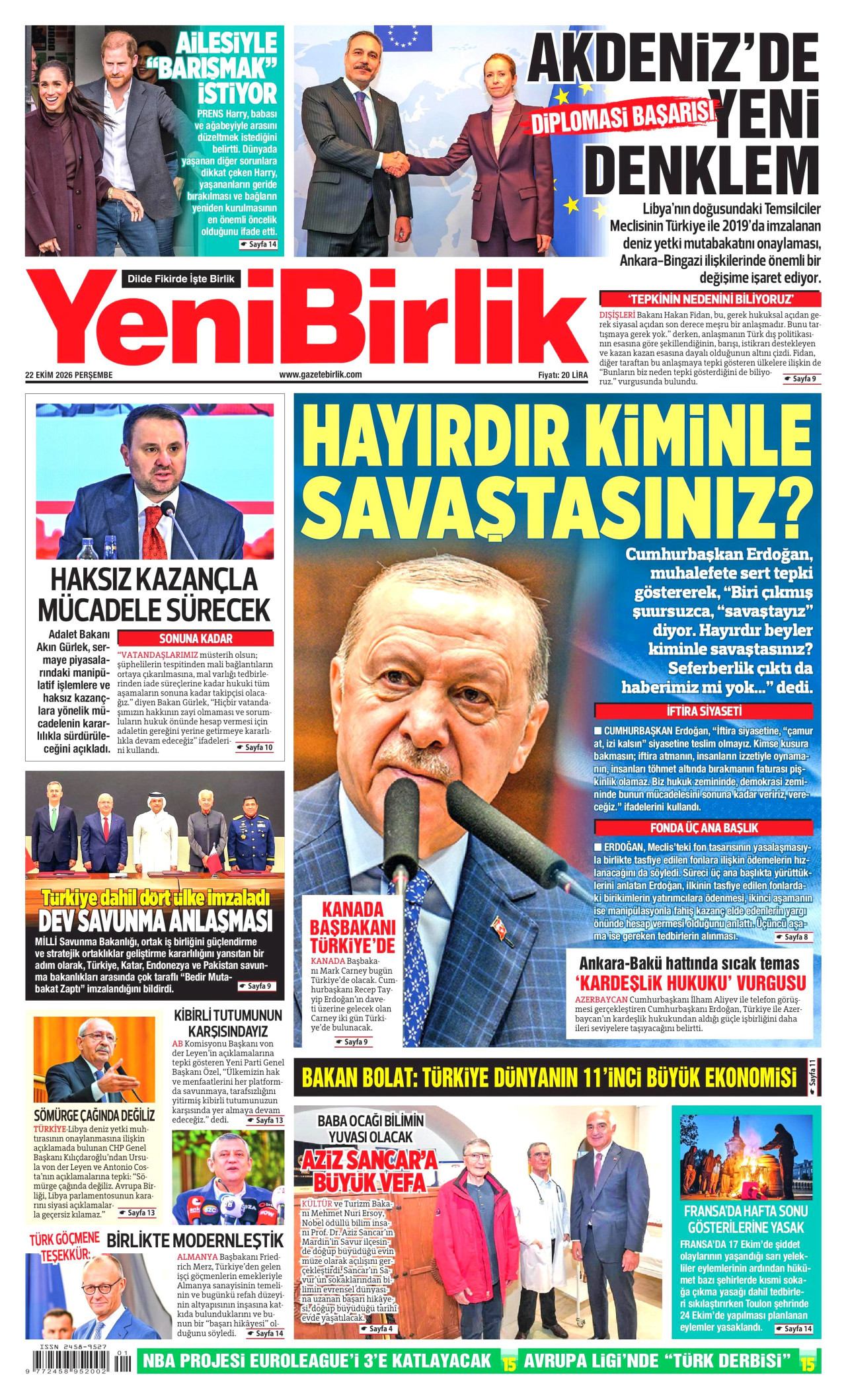 YeniBirlik Gazetesi gazetesi manşeti