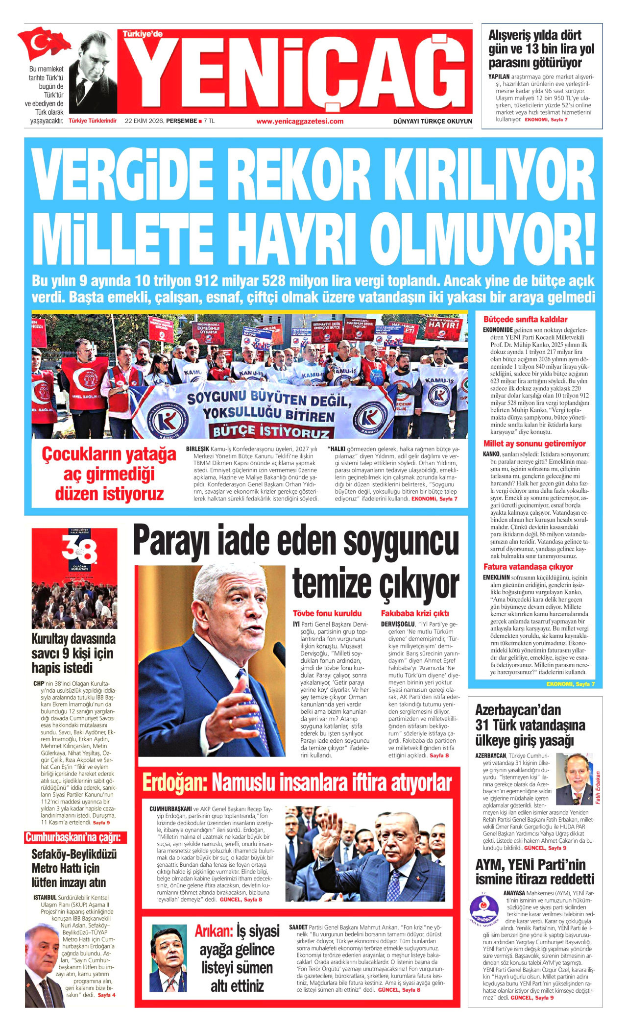 Yeniçağ Gazetesi gazetesi manşeti